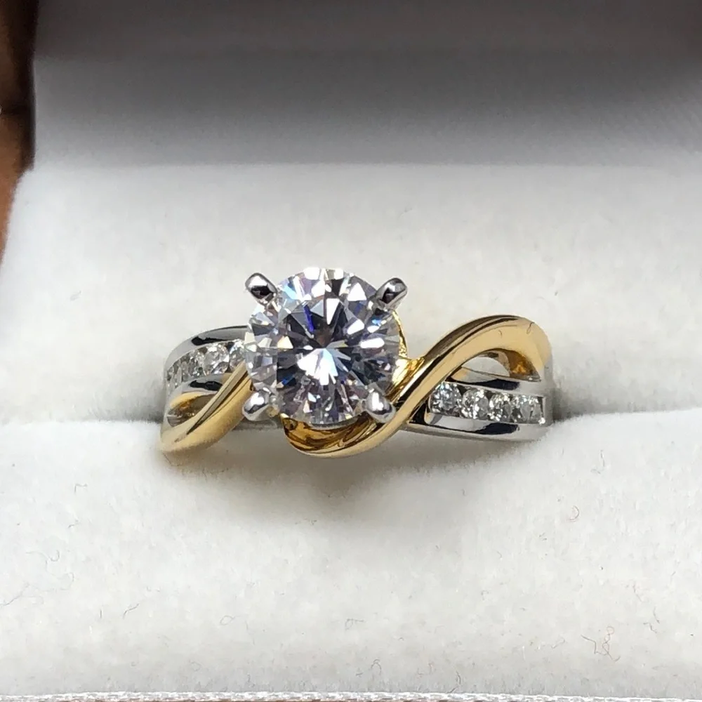 Moissanite Fire Ring Two Tone Crossover 14K Yellow Gold Over 925 Silver Size 7